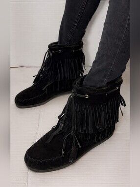 Bronx Black Suede Fringe Ankle Boots Women's EU 37 Boho Moccasin
